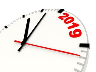 Clock with 2019 New Year sign isolated on white