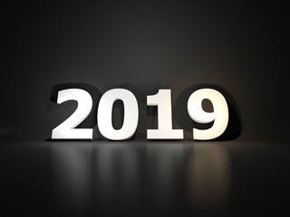 White 2019 New Year symbol over black background