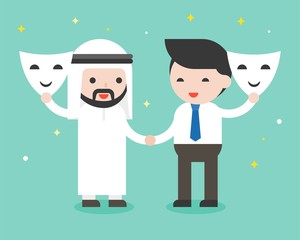 Arab businessman and businessman shake hand and open mask, sincere business people concept