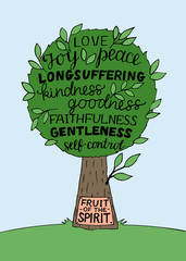 Hand lettering with bible verse The fruit of the Spirit with tree.