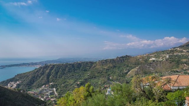 Time Lapse Volcanic Mount Etna venting steam and smoke into the blue sky over Catania, Italy
