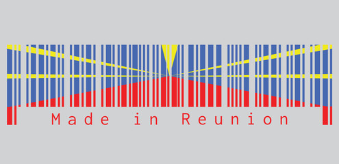 Barcode set the color of reunion flag, red yellow and blue color. text: Made in reunion, concept of sale or business.
