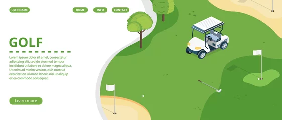 Foto op Canvas Golf course, country sports club or resort flat vector web banner, landing page with golf cart on green play field, holes with flagsticks and sand traps illustration. Golf tournament web page template © vectorpouch