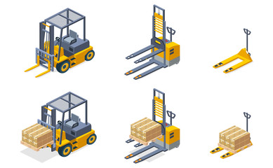 Warehouse hydraulic equipment for cargo, pallets lifting and loading isometric vector set isolated on white background. Forklift, pallet trolley, fork truck machines carrying parcels or packed goods