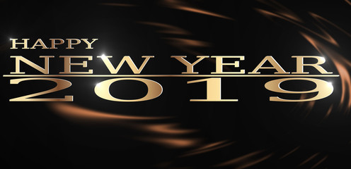 High resolution illustration of Happy New Year 2019 greeting Golden spatter on dark Liquid chocolate background