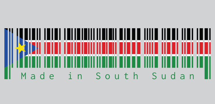 Barcode set the color of South Sudanese flag, black red and green with white stripes; with a blue equilateral triangle and gold star. text: Made in South Sudan.