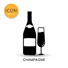 Champagne bottle and glass icon flat style.