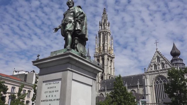 Statue of Petro Paulo Rubens, with Our Lady's Cathedral in the background.