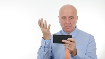 Disappointed Businessman Reading Cellphone Bad News Make Nervous Hand Gestures 