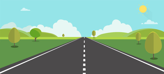 Road to nature backgroud vector illustration.Street with field , hills , clouds , trees and sun.Beautiful nature landscape.