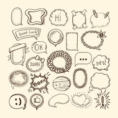Hand drawn set of sketch different cute speech bubble, stickers.