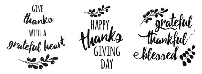 Thanksgiving set phrases Grateful thankful blessed text floral black autumn branch black
