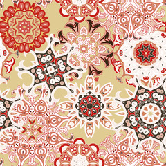 Seamless multicolor pattern with oriental mandalas. Islam, Arabic, Asian motifs. Kaleidoscope elements. Vintage lace mood. Fabric, wallpaper or wrap print