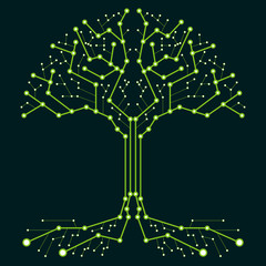 Technological tree in the form of a printed circuit board. Black and white wood in the form of connections of the technological board. Flat design, vector illustration, vector.