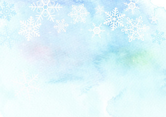 Fototapeta na wymiar Blue Sky with Snowflakes on Winter Watercolor Illustration background. 