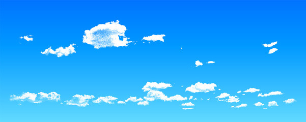Clouds made of scattered dots in the blue sky, realistic dotwork cloudscape illustration