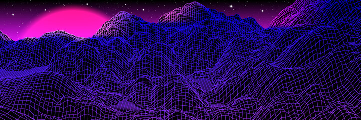 Neon grid landscape and sun with 80s arcade game style