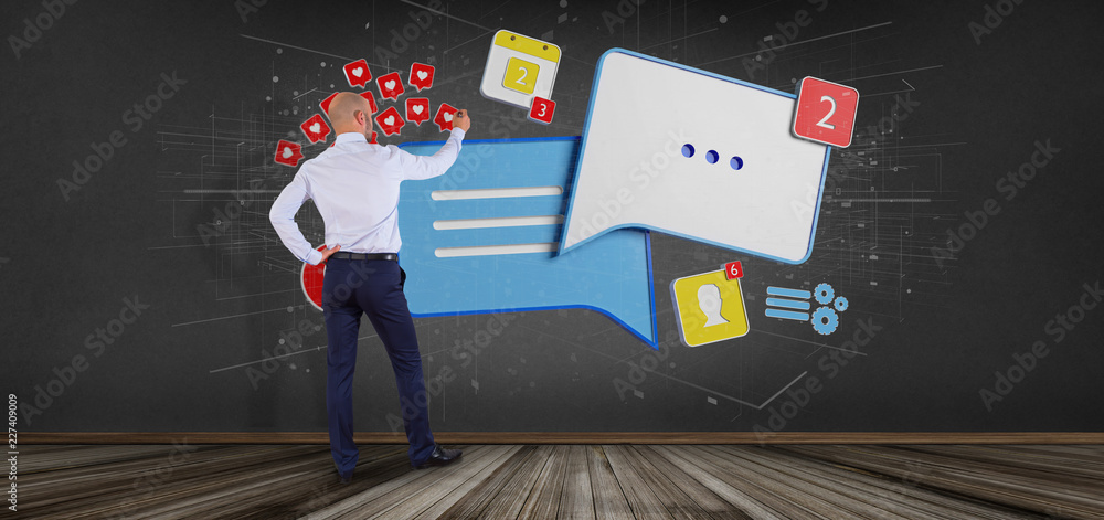 Aufkleber businessman in front of a colorfull social network teamwork with icon 3d rendering