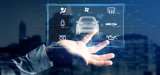 Man holding a Dashboard smartcar interface dashboard 3d rendering