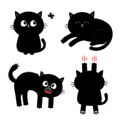 Cat set. Nail claw scratch, sitting, screaming, sleeping, looking at butterfly. Black kitten. Cute cartoon funny character Baby pet collection White background Isolated Flat design