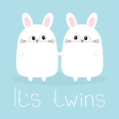 Obraz na płótnie Canvas Its twins. Two girls. Cute twin bunny rabbit set holding hands. Hare head couple family icon. Cute cartoon funny smiling character set. Blue background. Isolated. Flat design