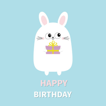Happy Birthday. White bunny rabbit holding gift box. Funny head face. Big eyes. Cute kawaii cartoon character. Baby greeting card template. Blue background. Flat design.