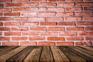 close up white brick cement background with old wood perspective for design, show and ads on product on display