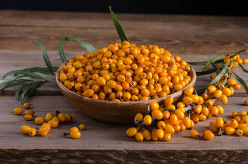Sea buckthorn in the plate and around Sea buckthorn berries on wooden table