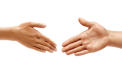 Man's hand and woman's hand make handshake isolated on white background. Close up. High resolution