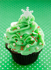 Christmas tree cupcake with green cream frosting, beautiful chocolate cake shaped fairy Christmas tree