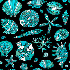Marine seamless pattern, ornate seashells for your design