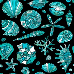 Garden poster Ocean animals Marine seamless pattern, ornate seashells for your design