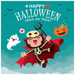 Vintage Halloween poster design with vector demon & ghost character.  