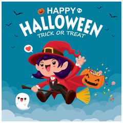 Vintage Halloween poster design with vector witch character. 