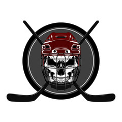 Skull in a hockey helmet with hockey sticks.