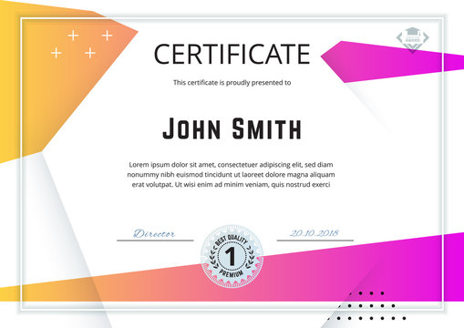Official white certificate with pink orange gradient design elements, mountain logo. Business clean modern design