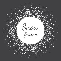 Round snow, dot textured frame with empty space. Winter radial template made of uneven fading spots, pearls, beads, snowflakes of various size. Circle shape. New Year, Christmas abstract background.