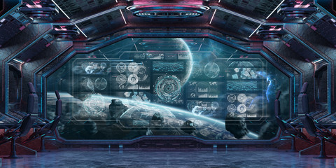 Dark spaceship interior with control panel digital screens 3D rendering