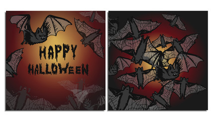 A set of postcards and buns with a flock of bats flying in the dark night, illuminated by lights from the celebration of Halloween. These blood-sucking mice have terrible fangs and translucent wings.