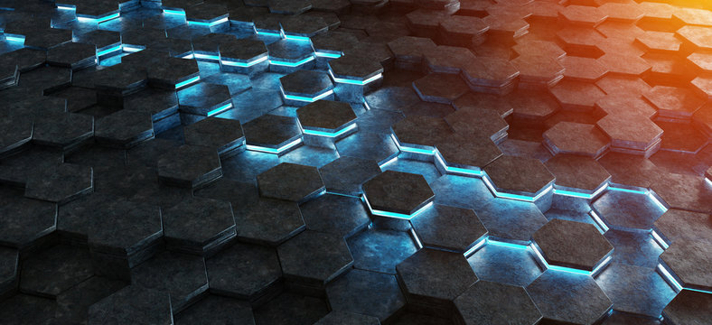 Black blue and orange hexagons background pattern 3D rendering