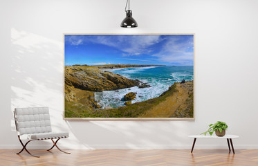 Large horizontal frame hanging on a white wall 3D rendering