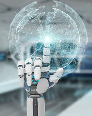 White robot hand using digital screen interface 3D rendering