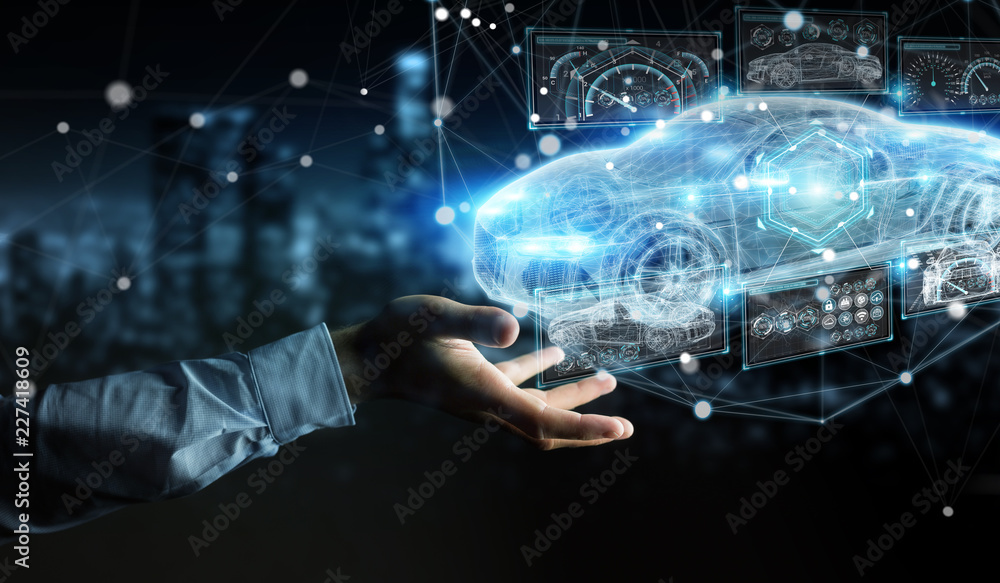 Poster businessman using modern smart car interface 3d rendering