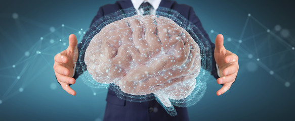 Businessman using digital 3D projection of a human brain 3D rendering