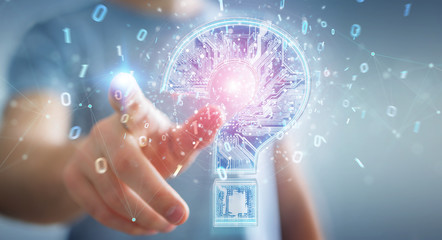 Businessman solving problem with digital question marks 3D rendering