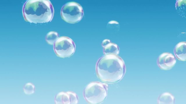 Animation flying of soap bubbles on colorful background. Animation of seamless loop.