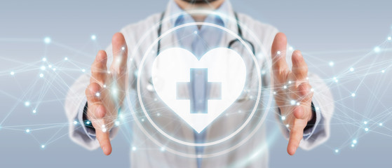 Doctor holding heartbeat digital interface 3D rendering