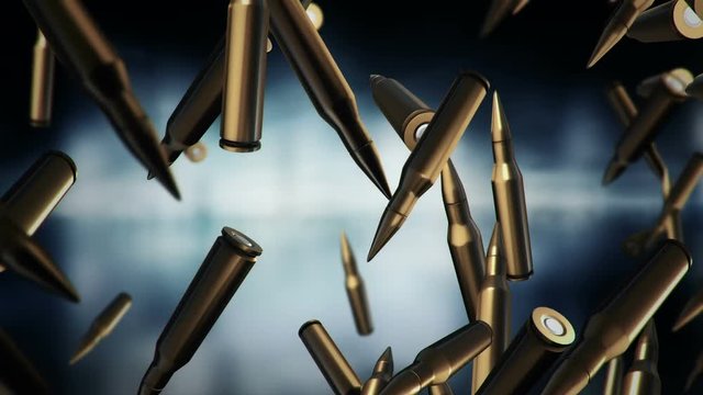 Animation falling of bullets different calibers on dark and blurred background. Animation of seamless loop.