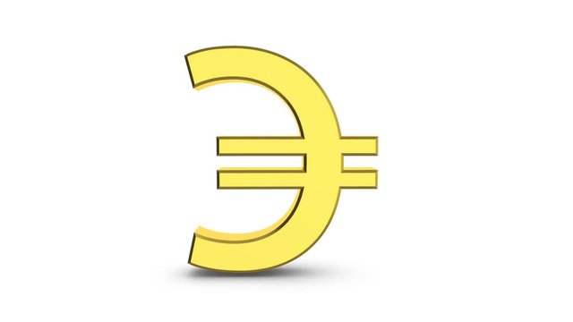 Looping animation of a rotating golden euro symbol on white. Alpha channel, loop video