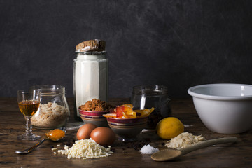 Christmas pudding ingredients on an old wooden table
